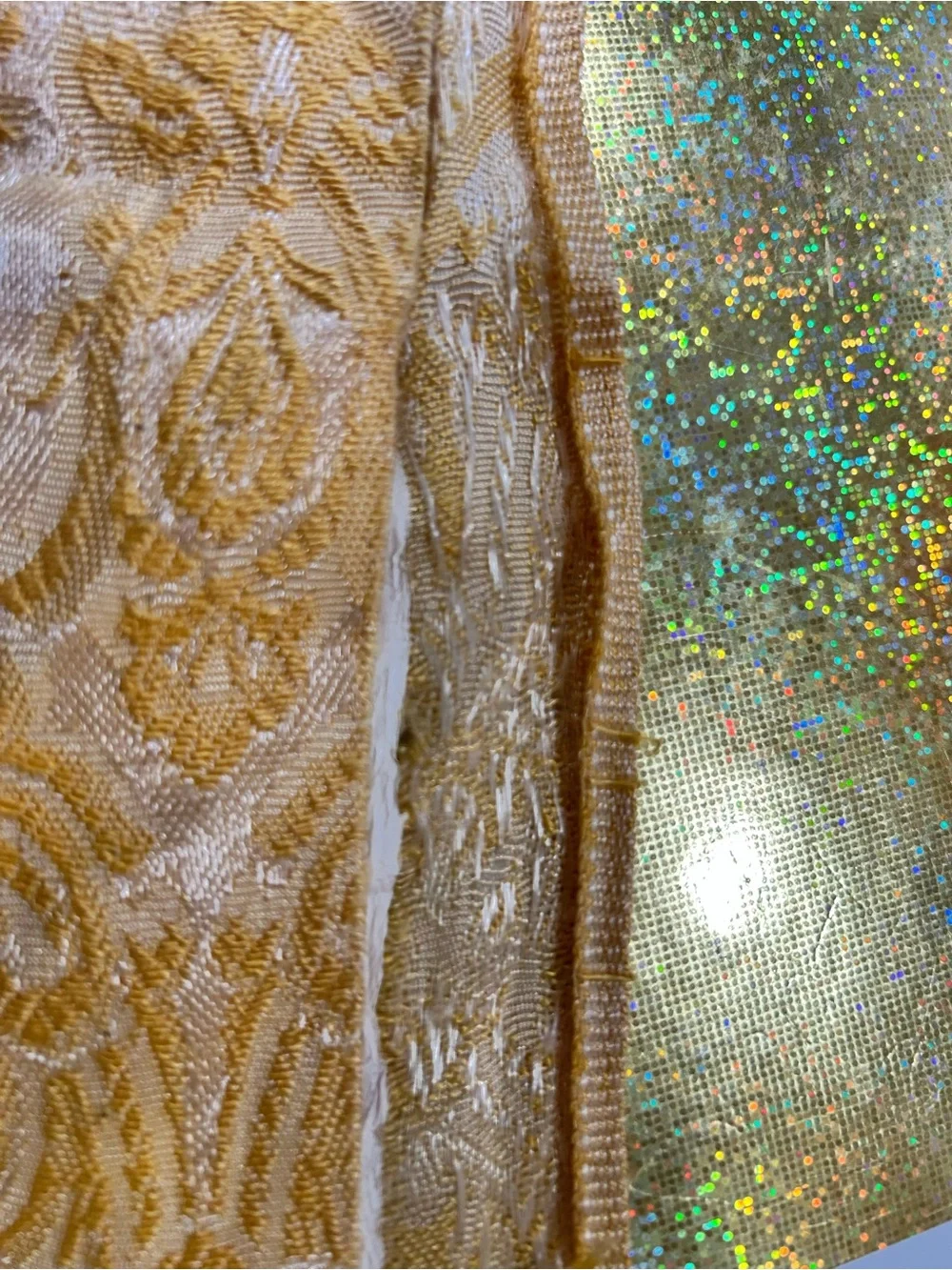 Vintage 5-Pc Yellow & Ivory Damask Curtain Set - 2 Panels, Valance, Tie-backs Po